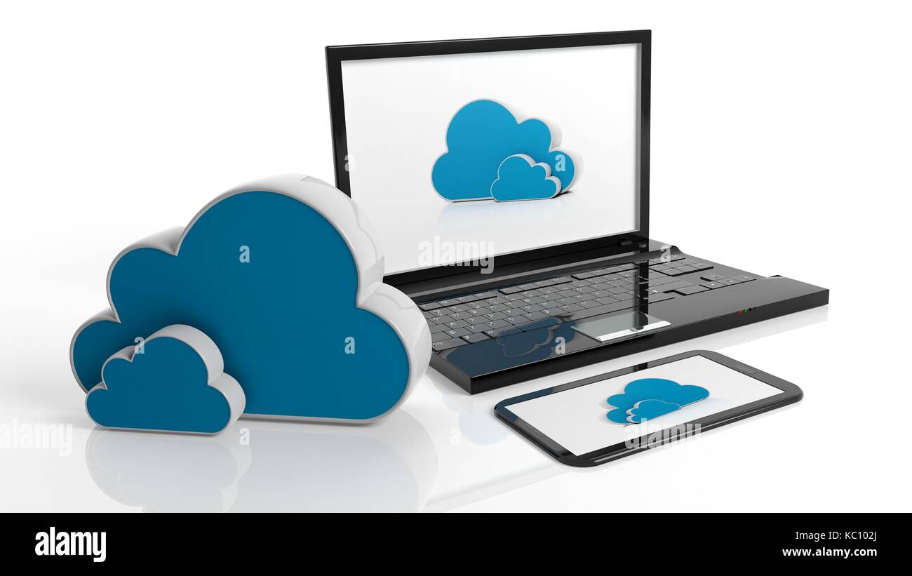 Cloud online storage Symbole mit Notebook und Tablet-PC, isoliert auf weißem Stockfoto