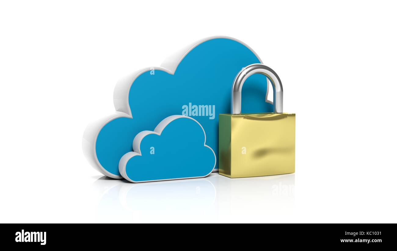 Cloud online storage Symbole mit goldenen Lock, isoliert auf weißem Stockfoto