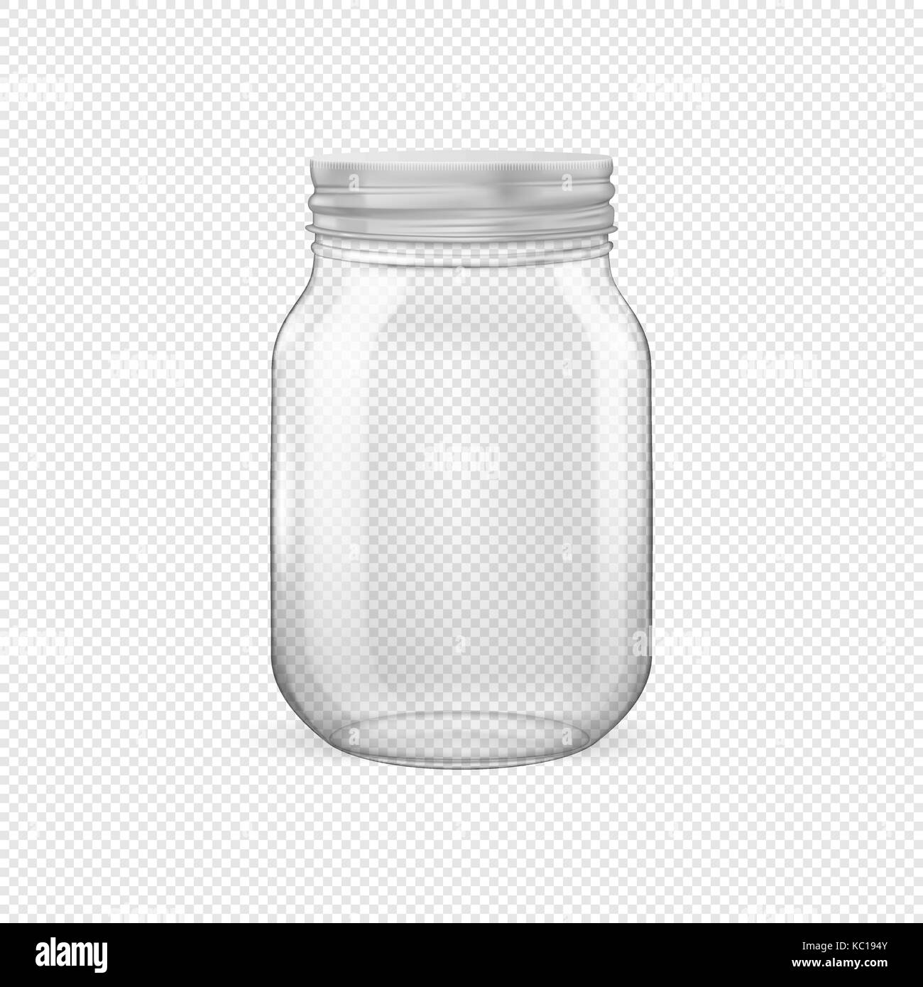 Vektor realistische leere Glasflasche für Konservierung mit silbernen Deckel closeup auf Transparenten Hintergrund isoliert. Design Template für Werbung, Branding, mockup. EPS 10. Stock Vektor