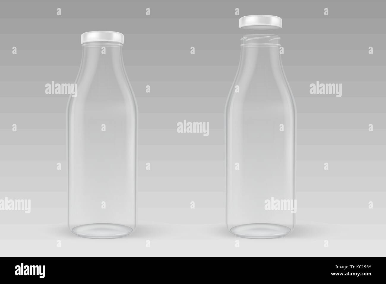 Vektor realistische Transparente geschlossene und offene leere Glas Milch Flasche mit weißem Deckel closeup auf grauem Hintergrund. Design Template für Werbung, Branding, mockup. EPS 10. Stock Vektor