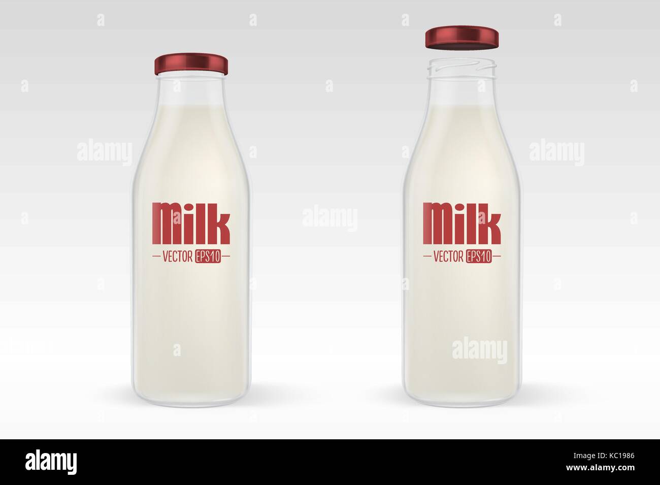 Vektor realistische geschlossenen und offenen Glas voll Milch Flasche mit rotem Deckel closeup auf weißem Hintergrund. Design Template für Werbung, Branding, mockup. EPS 10. Stock Vektor