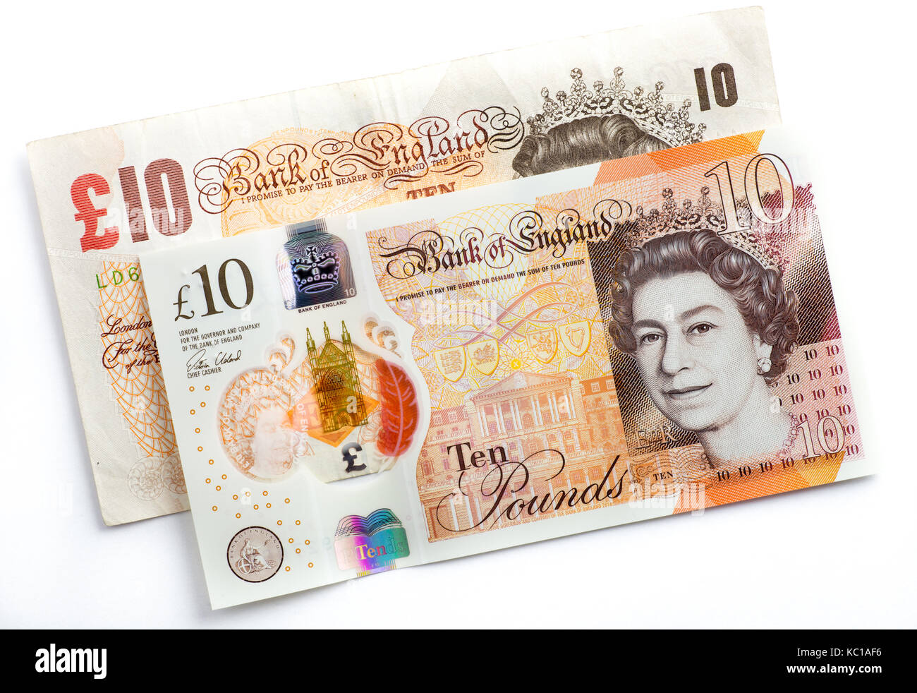 Neue 2017 Britische zehn Pfund Hinweis und altes Papier Note zusammen Stockfoto