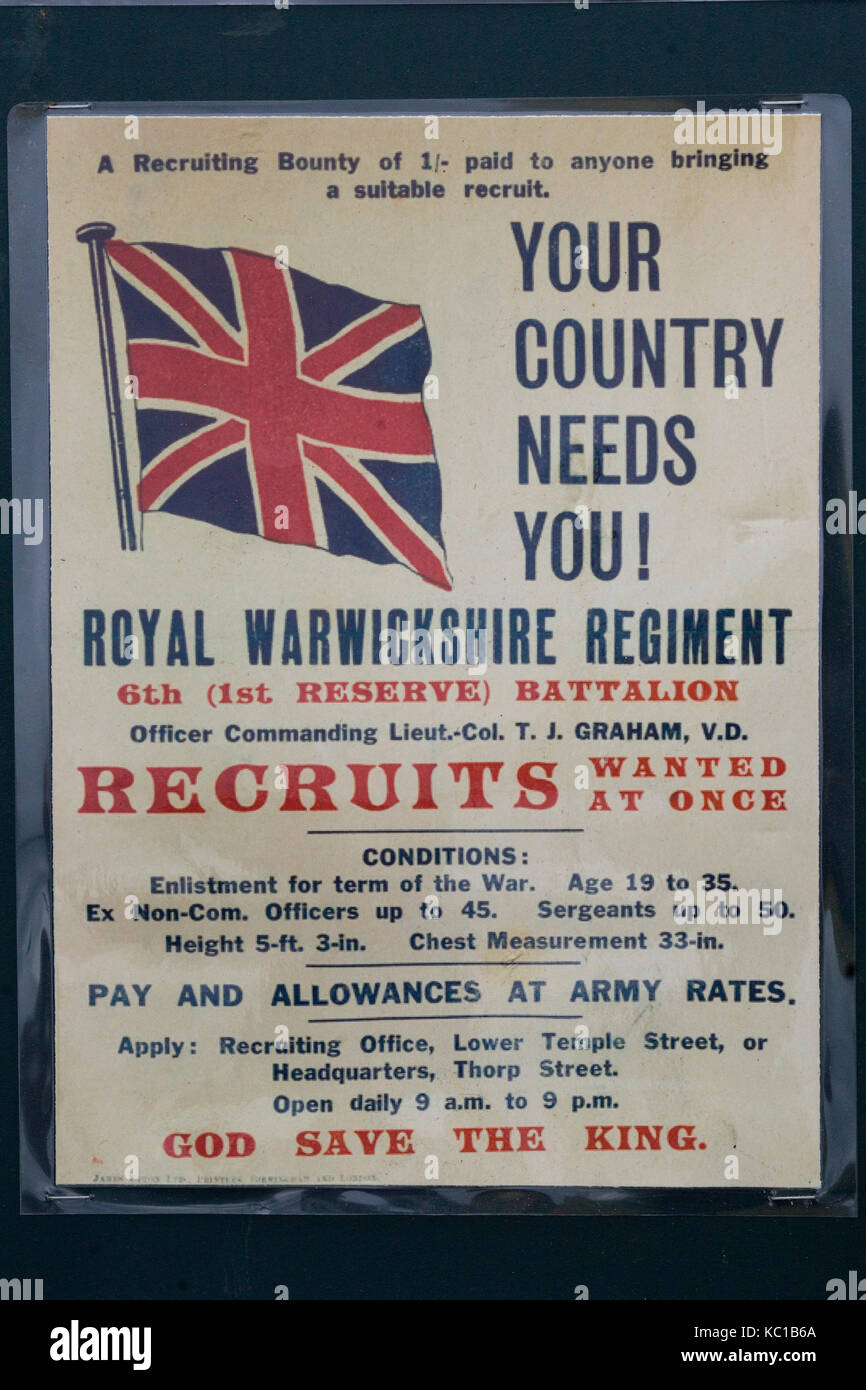 Ihr Land braucht Sie, Royal warwickshire Regiment recruiting Poster für WW 11. Stockfoto