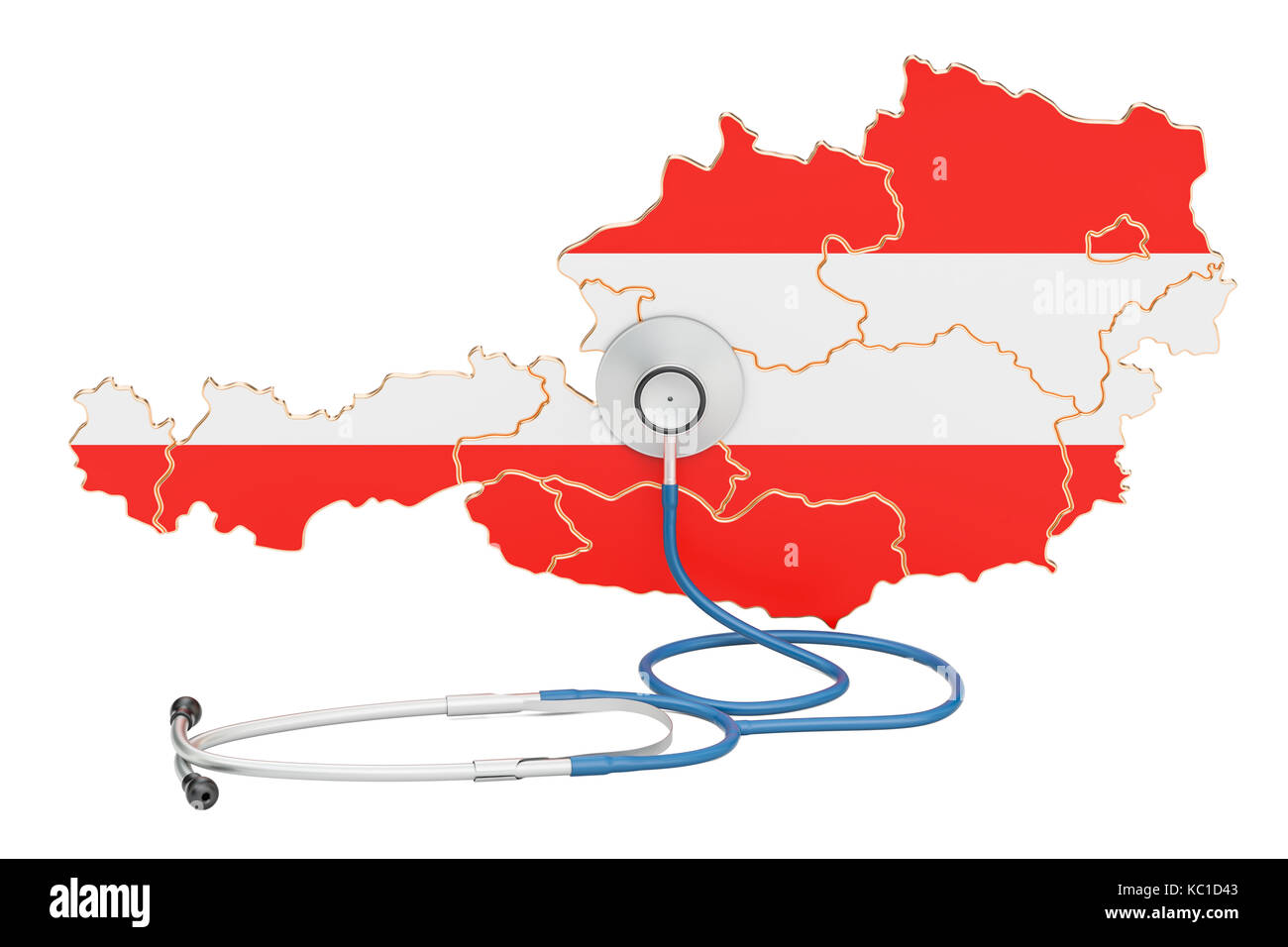 Österreichische Karte mit Stethoskop, national Health Care Concept, 3D-Rendering Stockfoto