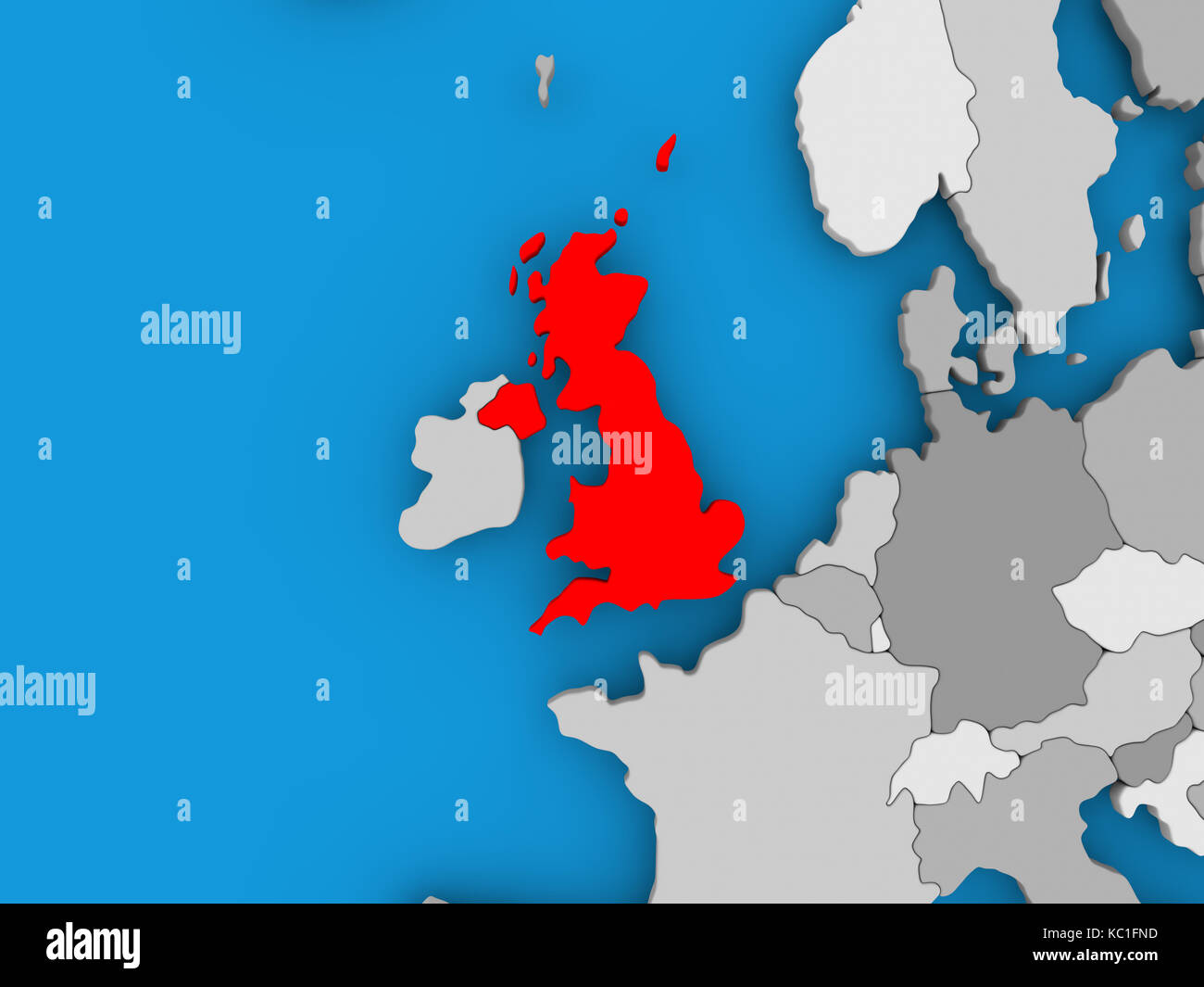 Vereinigtes Königreich in Rot auf politische Karte. 3D-Darstellung. Stockfoto