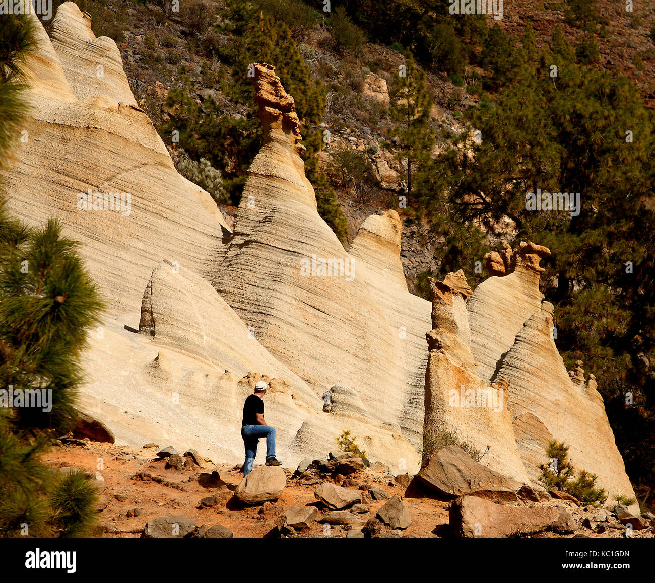 Wanderer bei Paisaje Lunar, Mondlandschaft, Insel Teneriffa, Kanarische Inseln, Spanien. Stockfoto