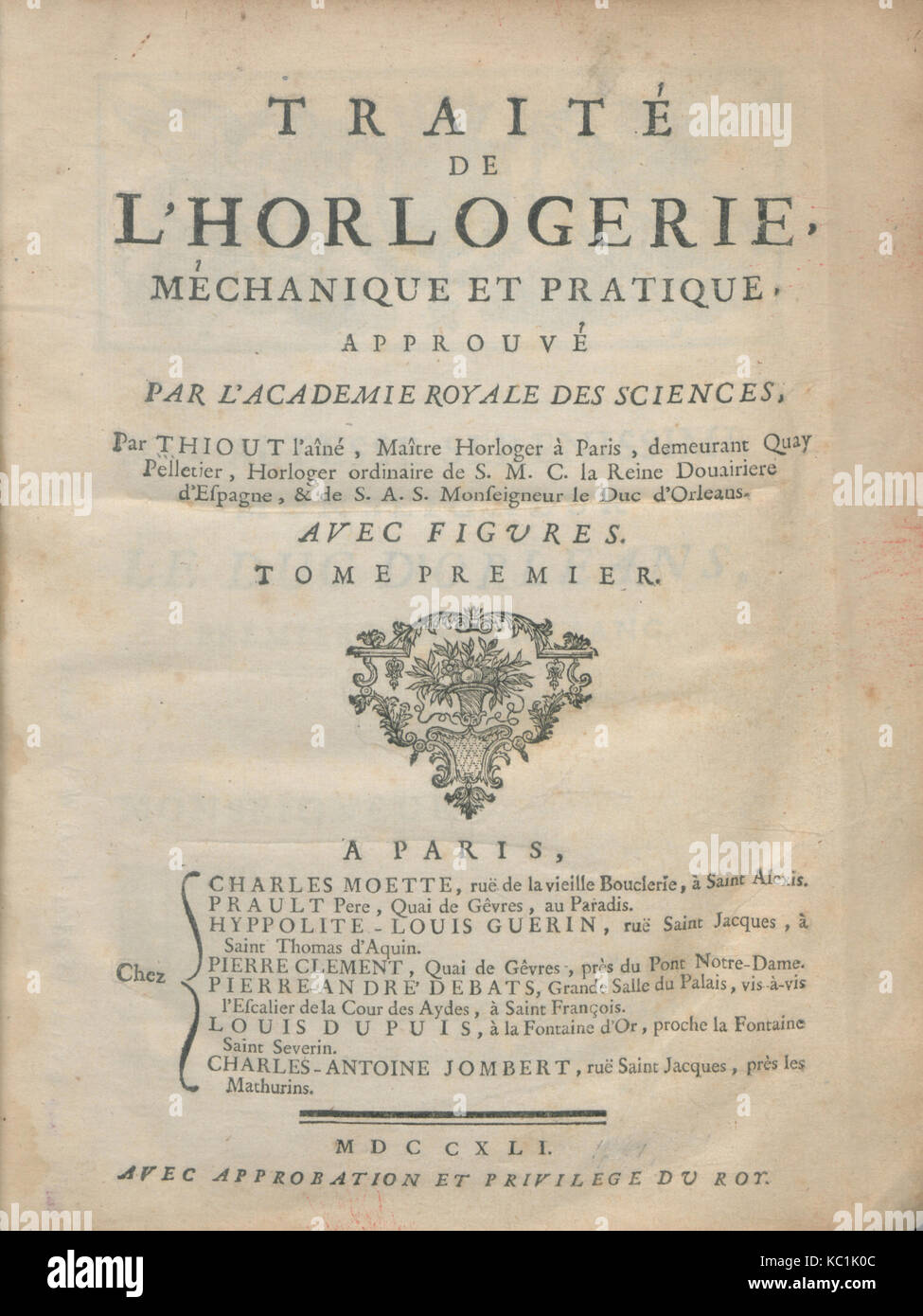 "Traité de l'horlogerie, méchanique et pratique, approuvé par l'Academie Royale des Sciences, 1741 Stockfoto