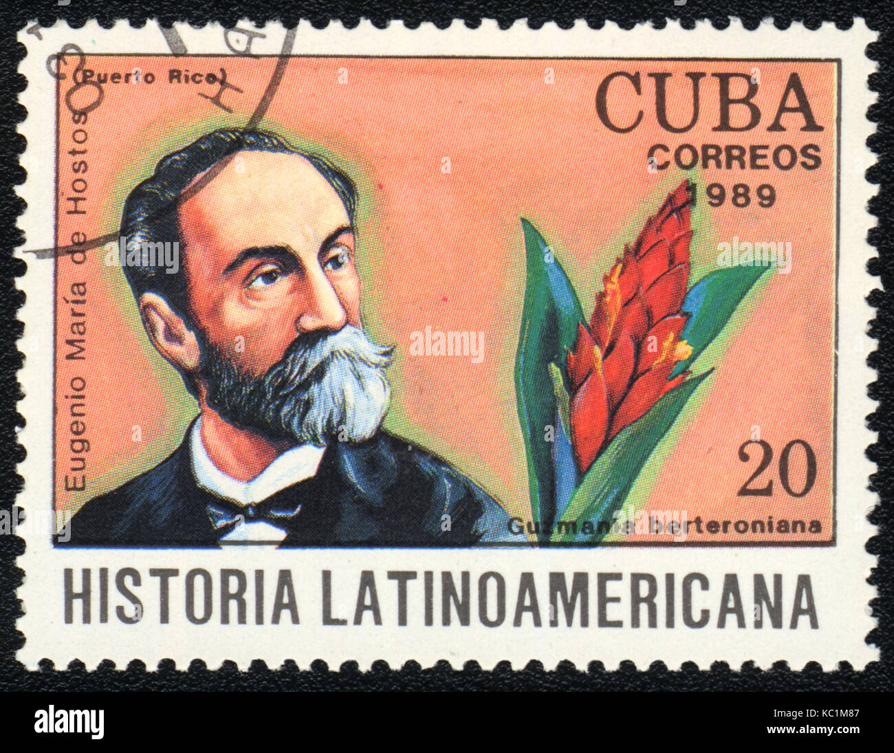 Eine Briefmarke in Kuba gedruckt zeigt eine Guzmania und Eugenio Maria de Hostos, Serie "Historia Latinoamericana", ca. 1989 Stockfoto