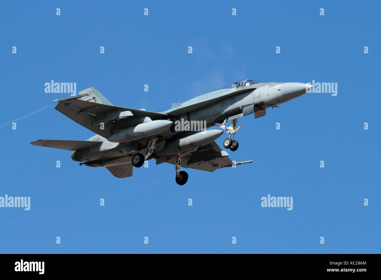 Moderne militärische Luftfahrt. Royal Canadian Air Force CF-18 (CF-188) Hornet Jet Fighter Aircraft im Flug mit externen Tanks oder Drop tanks Stockfoto