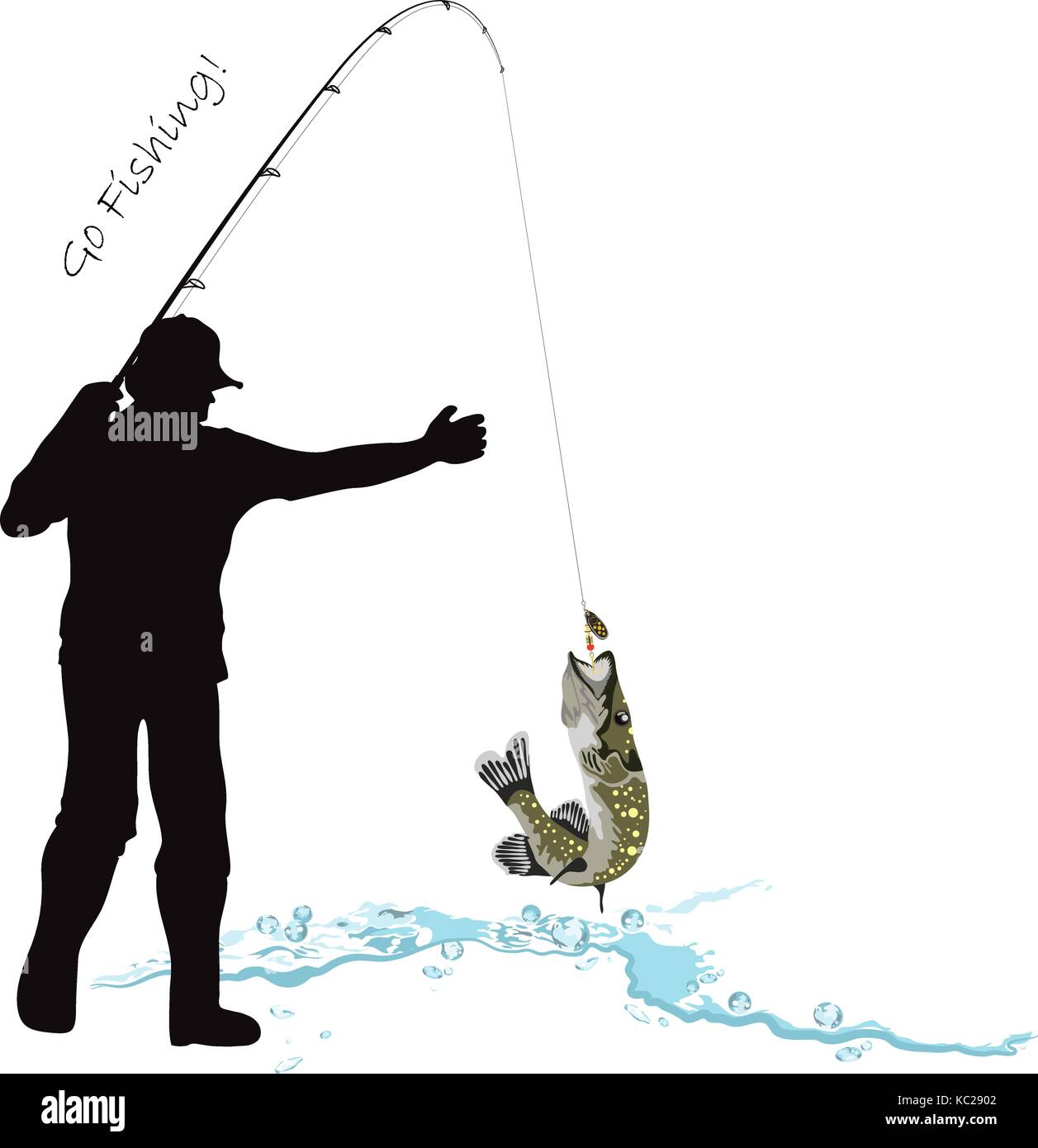 Angeln, Angler und Hecht, Fisher verfing sich ein Hecht, Vektor, Abbildung Stock Vektor