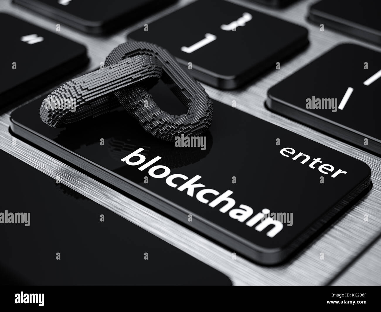 Blockchain digitalen Kette mit Bausteinen Verbindung Form. Big Box data Node base Konzept. Neue Technologie Konzept. Blockchain Kette Symbol auf dem Computer lapto Stockfoto