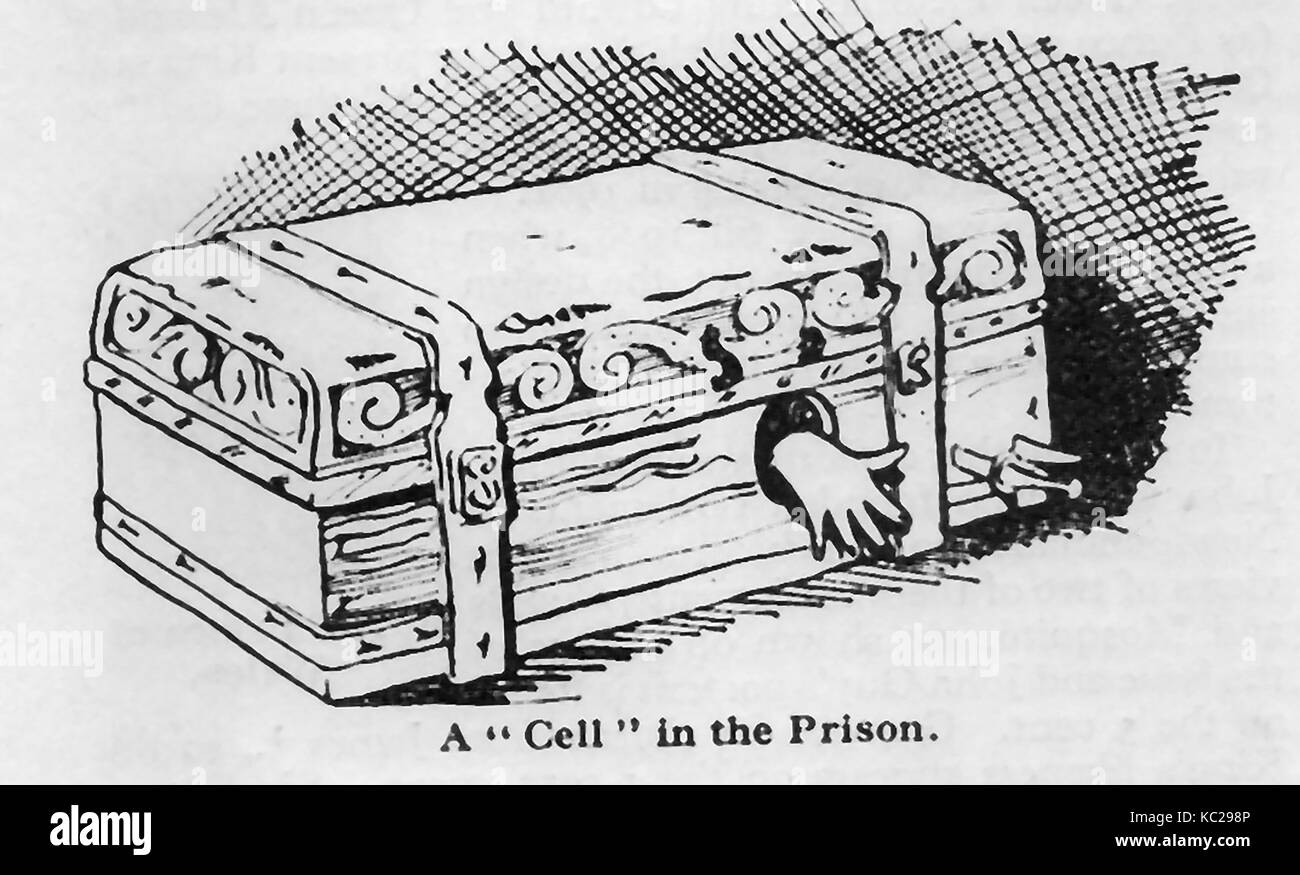 1930 - Immurement - Kriminalität, Strafe und Hinrichtungen in der Mongolei wie in einer Publikation der Zeit dargestellt - eine Zeitung im Jahr 1914 berichtet die Hütte für das Leben in Heavy Iron-gebundenen Särge, die sie nicht ermöglichen, aufrecht zu sitzen oder liegen. Diese Gefangenen siehe Tageslicht für nur wenige Minuten täglich, wenn die Nahrung in ihren Särgen durch ein kleines Loch geworfen wird" Stockfoto