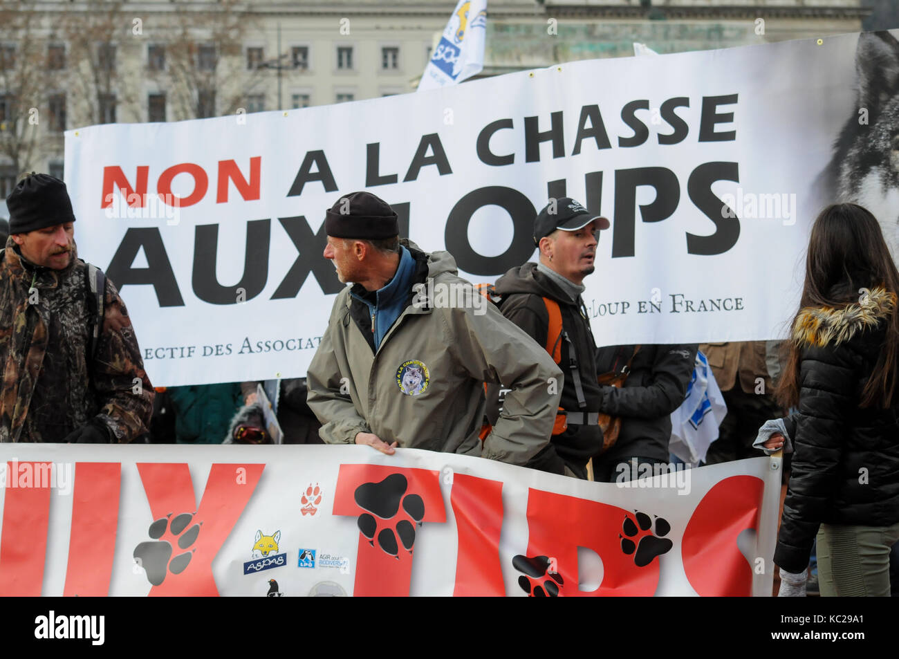 Tausende protestieren gegen Wölfe töten in Lyon, Frankreich Stockfoto