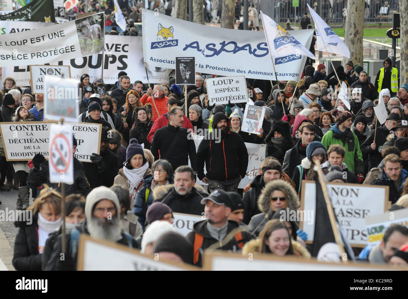 Tausende protestieren gegen Wölfe töten in Lyon, Frankreich Stockfoto