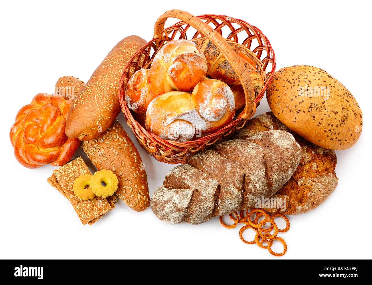 Sammlung von Brot Produkte auf weißem Hintergrund. Brot, Brötchen, Gebäck, Kekse. Stockfoto