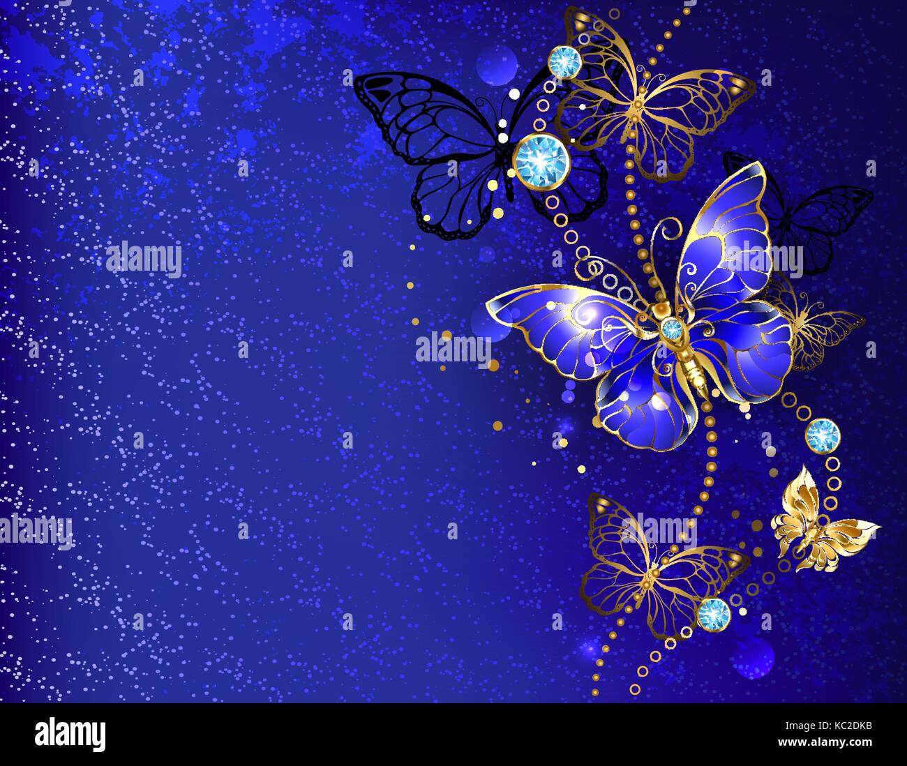 Dunkel, blau samtig Hintergrund, dekoriert mit Saphir schmuck Schmetterling. Goldene Schmetterling Morpho. Stock Vektor