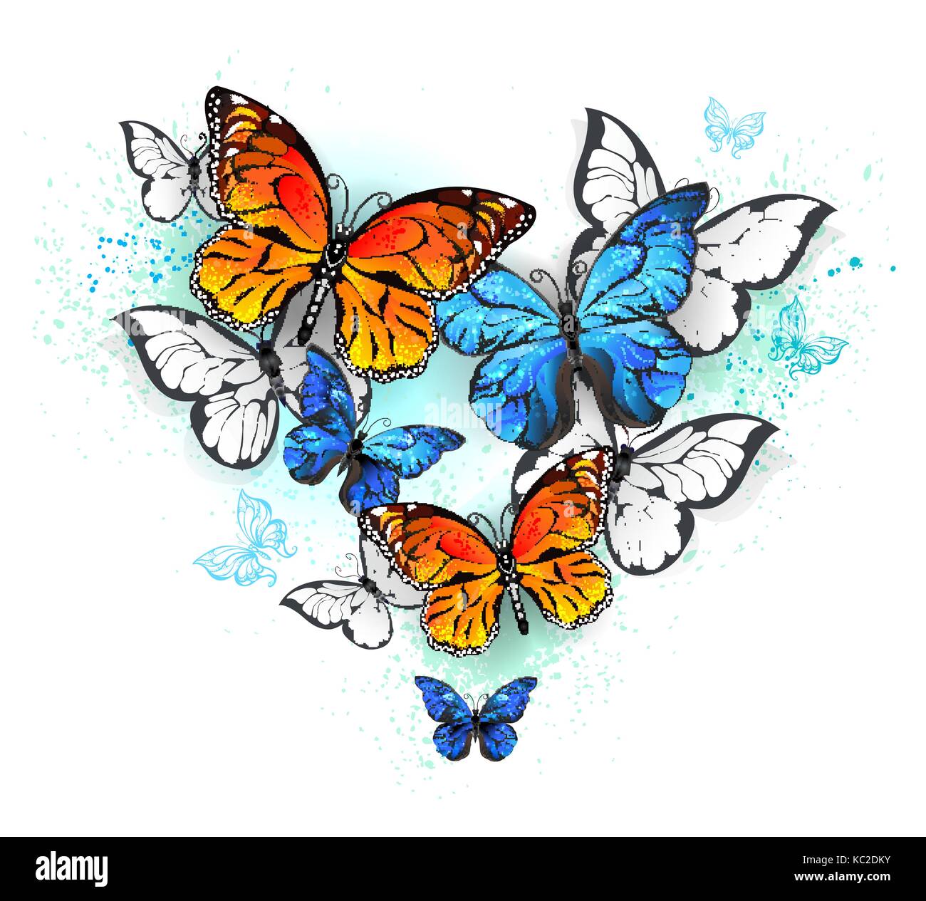 Realistische Schmetterlinge, blaue Morpho und orange Monarchen auf einem weißen Hintergrund. Morpho. Monarch Butterfly. Design mit Schmetterlingen. Stock Vektor