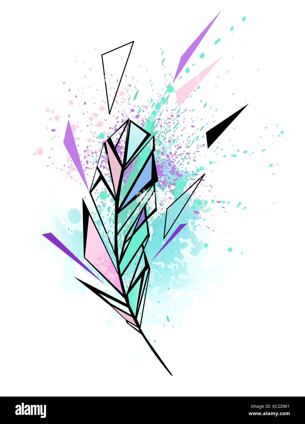 Polygonale Feder mit Flecken von Wasser Farbe Türkis und Rosa auf weißem Hintergrund. Aquarell Zeichnung. Malen. Tattoos Stil. Stock Vektor