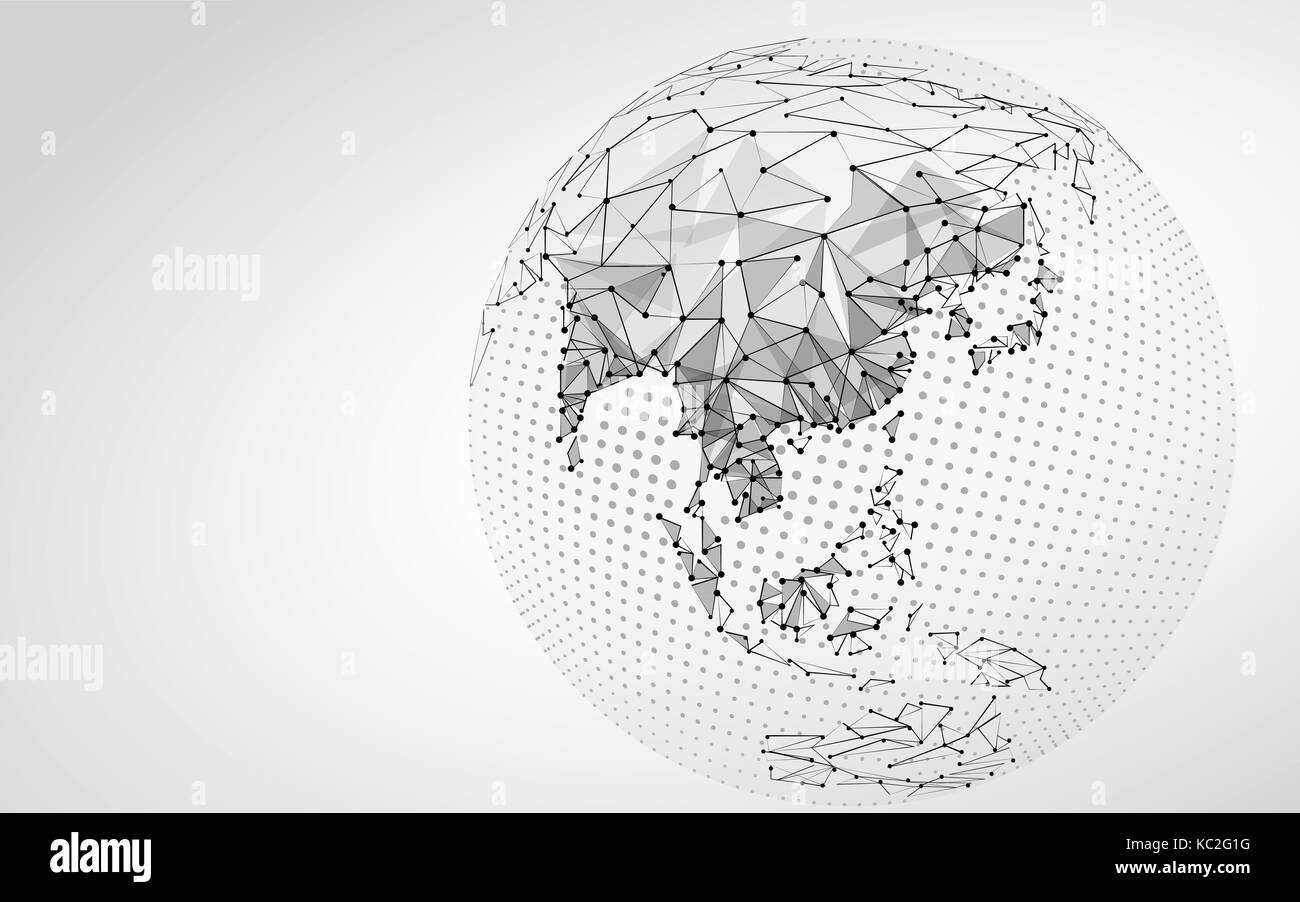 Halbton grau Globus Erde Point Line Abbildung. Asien Indien China Ozeanien Verbindung Punkte Low Poly map. Polygonale Dreieck planet monochromen Vector Stock Vektor