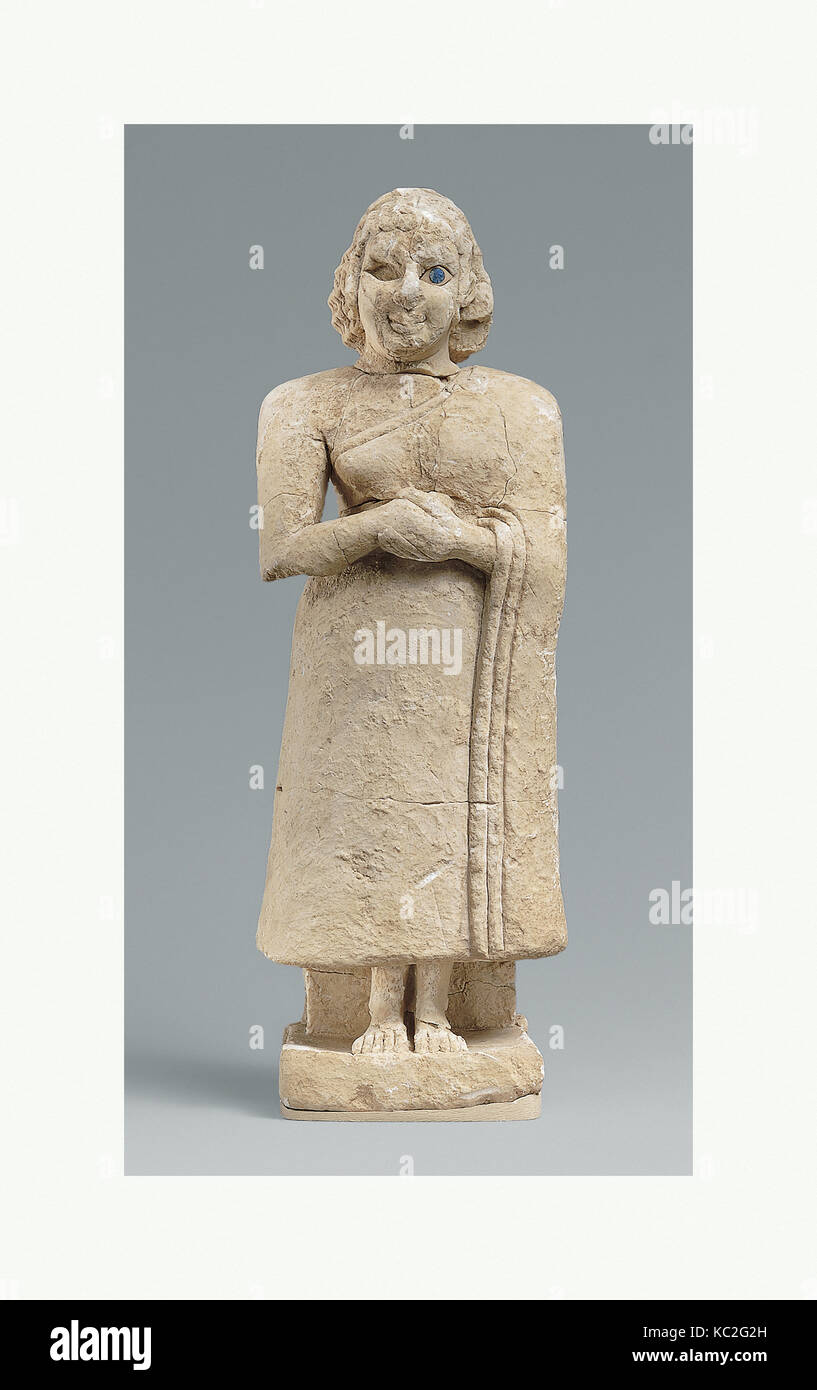 Stehende weibliche Anbeter, Frühdynastischen IIIa, Ca. 2600 - 2500 v. Chr., in Mesopotamien, Nippur, sumerischen, Kalkstein, Intarsien mit Shell Stockfoto