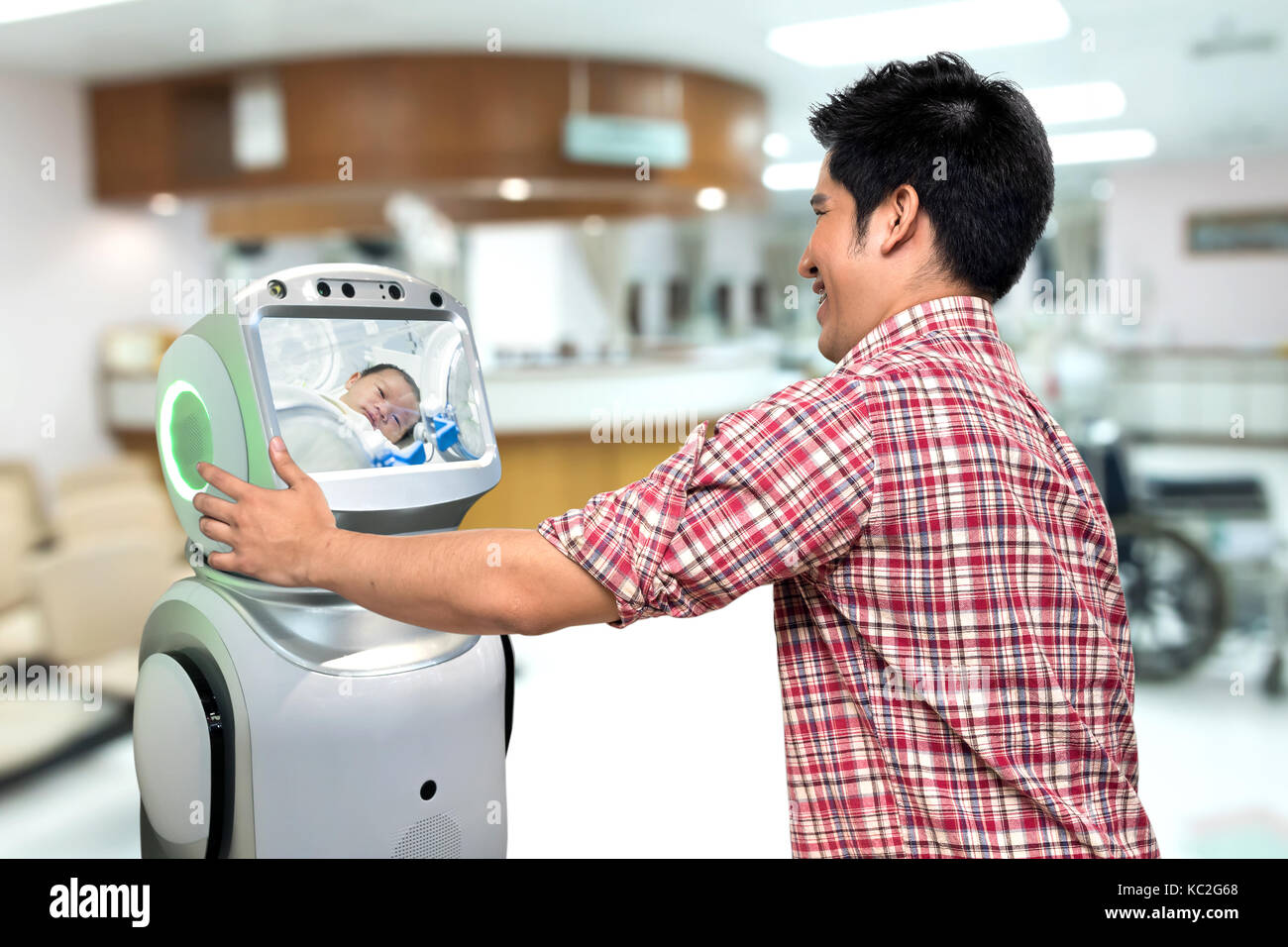 Robotic advisor Service Technologie im Gesundheitswesen smart Krankenhaus, künstliche Intelligenz Konzept. Roboter Anzeige telemonitoring Kleinkind fathe Stockfoto