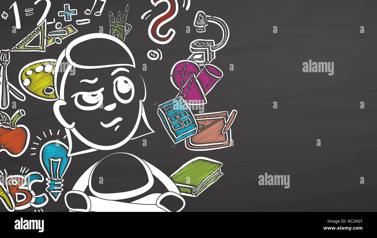 Zurück zu Schule Mädchen auf Tafel, handdrawn Vektor Skizze, saubere Konturen, Vintage Style Tafel. Stockfoto