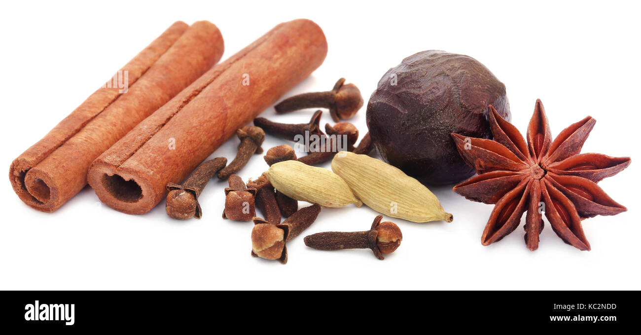 Aromatische Zimt mit Sternanis und andere Gewürze auf weißem Hintergrund Stockfoto