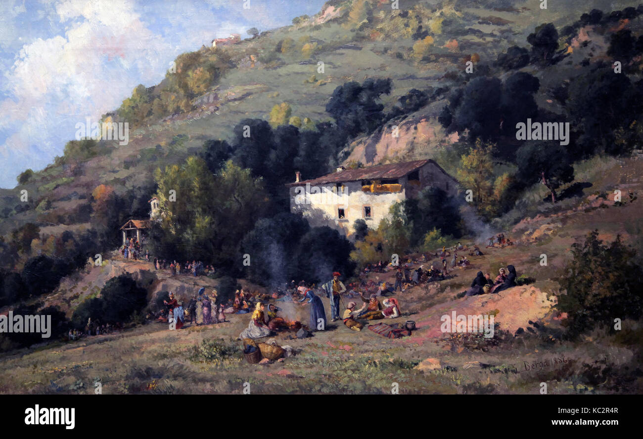 Festliche Versammlung an einem Schrein von Josep Josep Berga Berga oder ich Boix 1837-1914. spanische Landschaft Maler 1886. Stockfoto