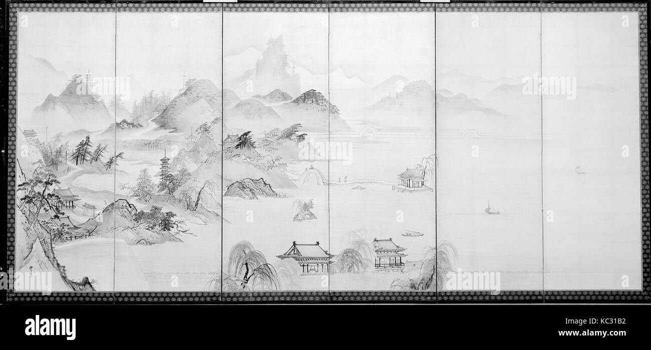 Blick auf West Lake, Edo Periode (1615 - 1868), aus dem 17. Jahrhundert, Japan, Paar sechs Panel klappbare Bildschirme; Tinte und Farbe auf Papier Stockfoto