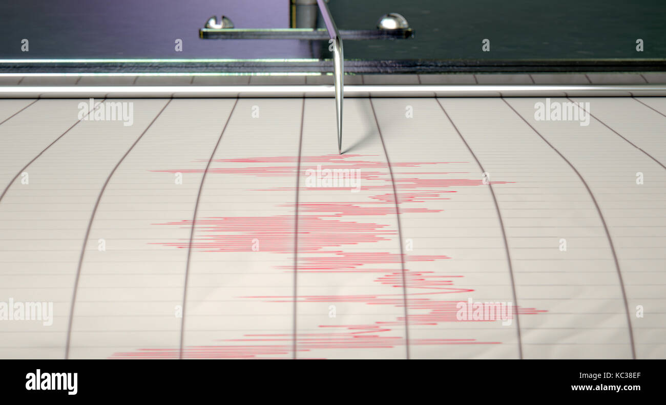 Eine Nahaufnahme eines Seismographen Maschine Nadel Zeichnung eine rote Linie auf Millimeterpapier, seismische und Erdbeben Aktivität - 3D-Rendering Stockfoto
