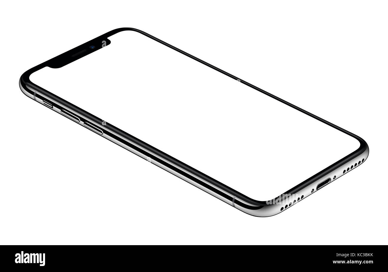 Smartphone mockup ähnlich iPhone X GEGEN DEN UHRZEIGERSINN gedreht, liegt an der Oberfläche auf weißem Hintergrund Stockfoto