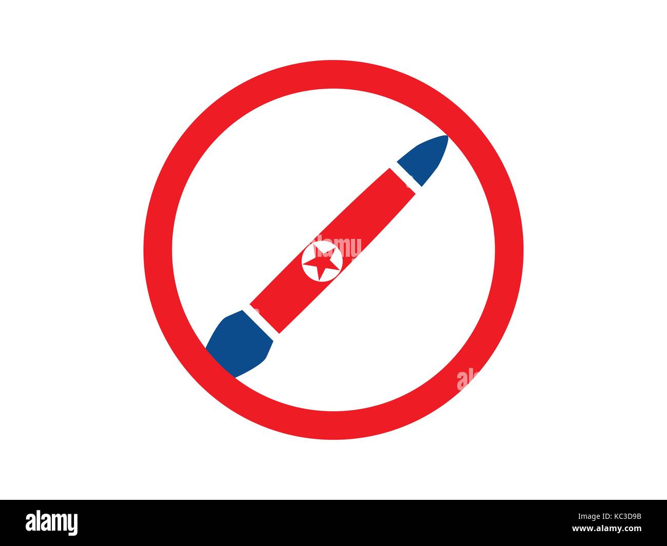Nukleare Bombe in den roten Kreis, gegen den Krieg. Rakete mit der Flagge von Nordkorea. . Vector Illustration Stock Vektor