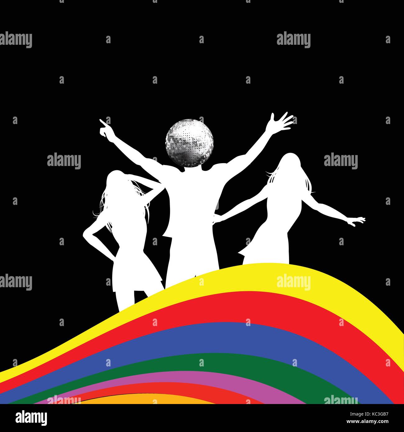 Tanzende weisse Silhouetten zwei weibliche und ein männlicher mit Disco ball Kopf über schwarzen Hintergrund mit mehrfarbigen Wave Stock Vektor