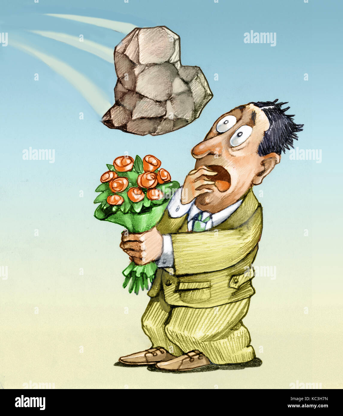 Ein Mann hält einen Blumenstrauß, eine Frau zu gewinnen, er sieht, ziehen ein Herz aus Stein Stockfoto
