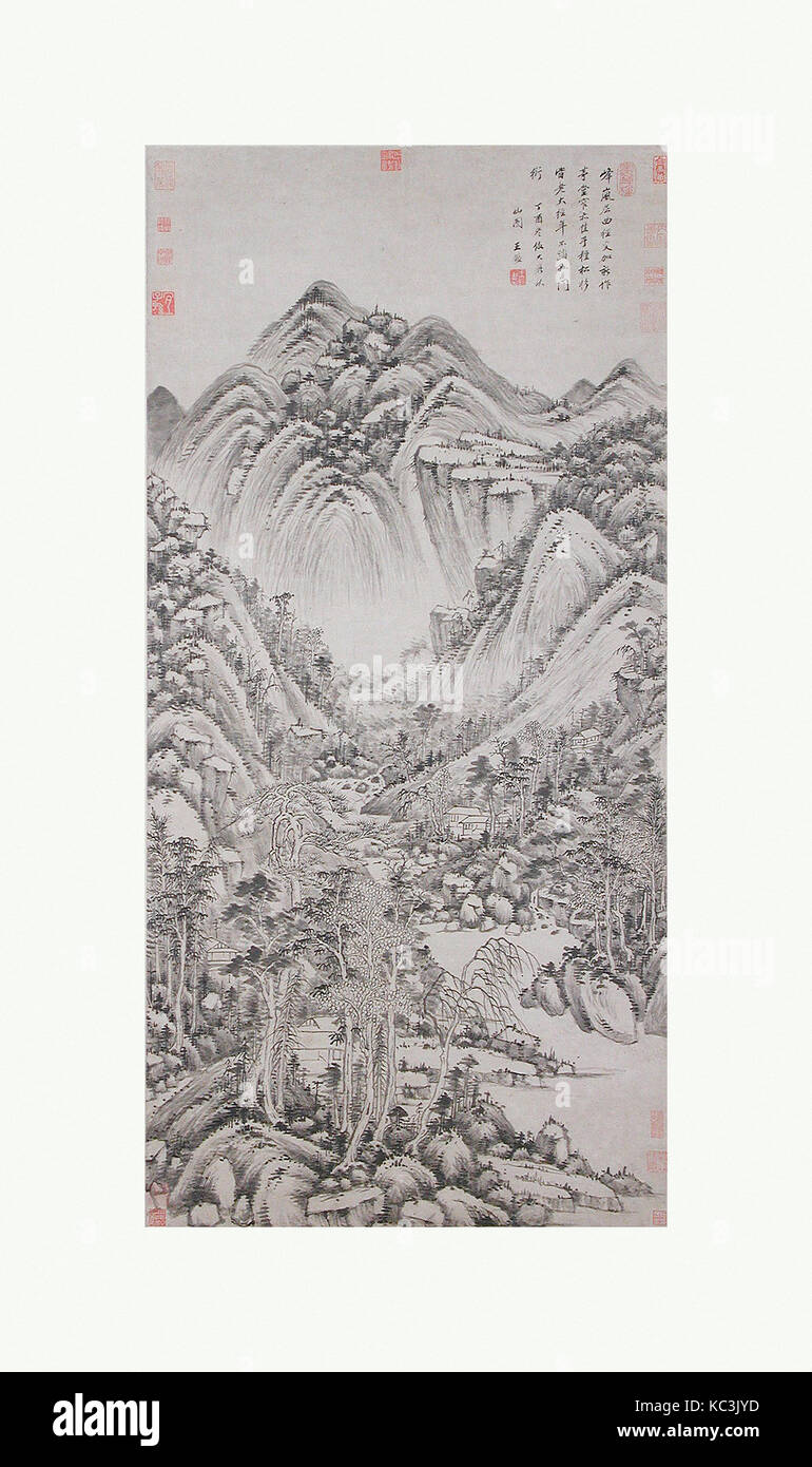 清 王鑑 倣黃公望秋山圖 軸 紙本, Landschaft im Stil von Huang Gongwang, Wang Jian, datiert 1657 Stockfoto