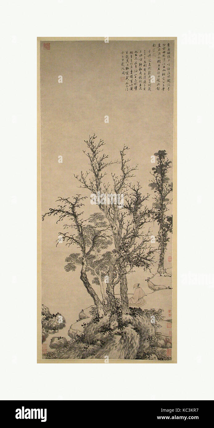 明 沈周 秋林閒釣圖 軸, Silent Angler in einem Herbst Holz, Shen Zhou, datiert 1475 Stockfoto