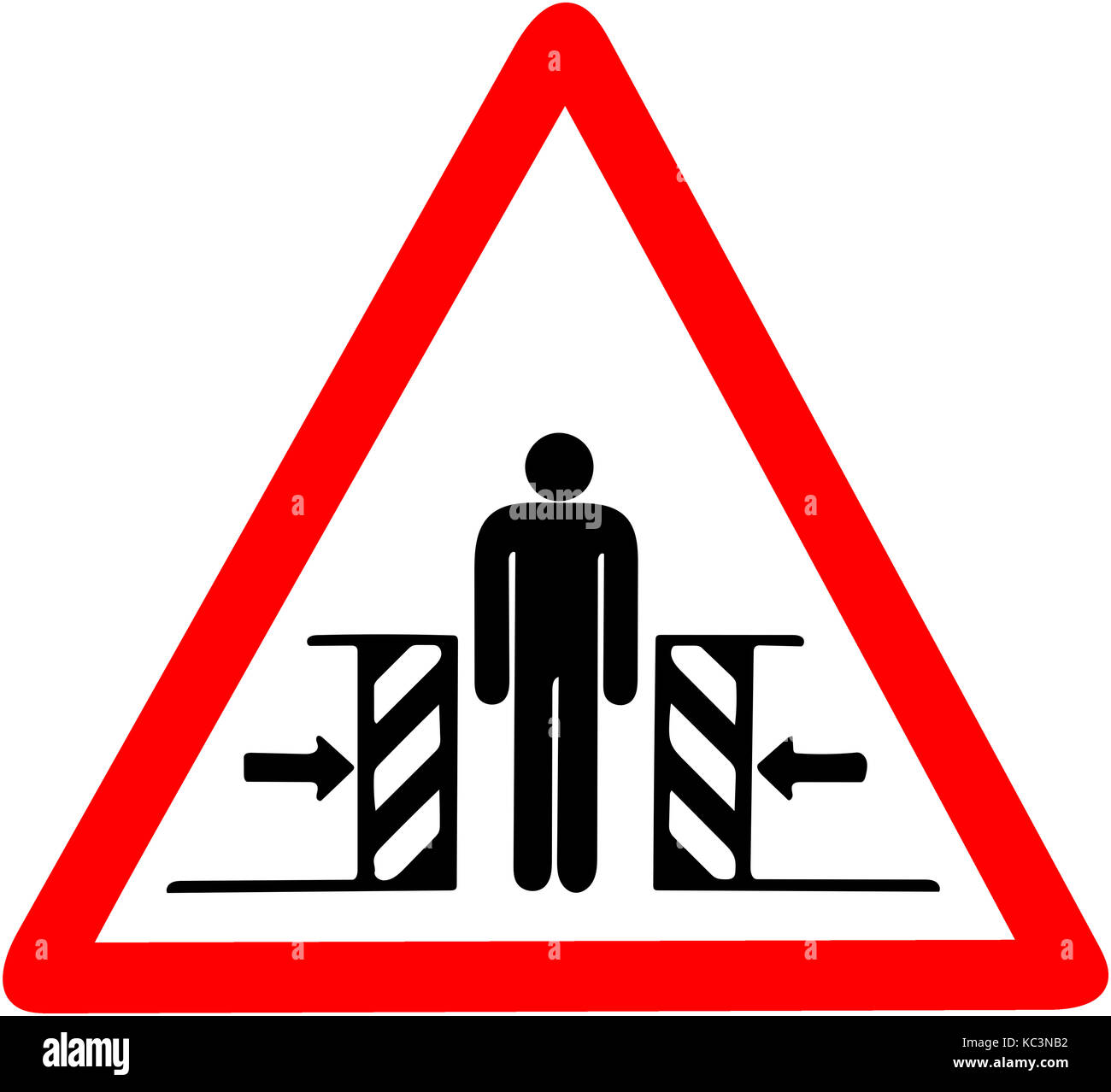 Gefahr des Quetschens automatische Tür kann Sie treffen vorsichtig warning.Red dreieckigen Warnsymbol Zeichen auf weißem Hintergrund. Stockfoto