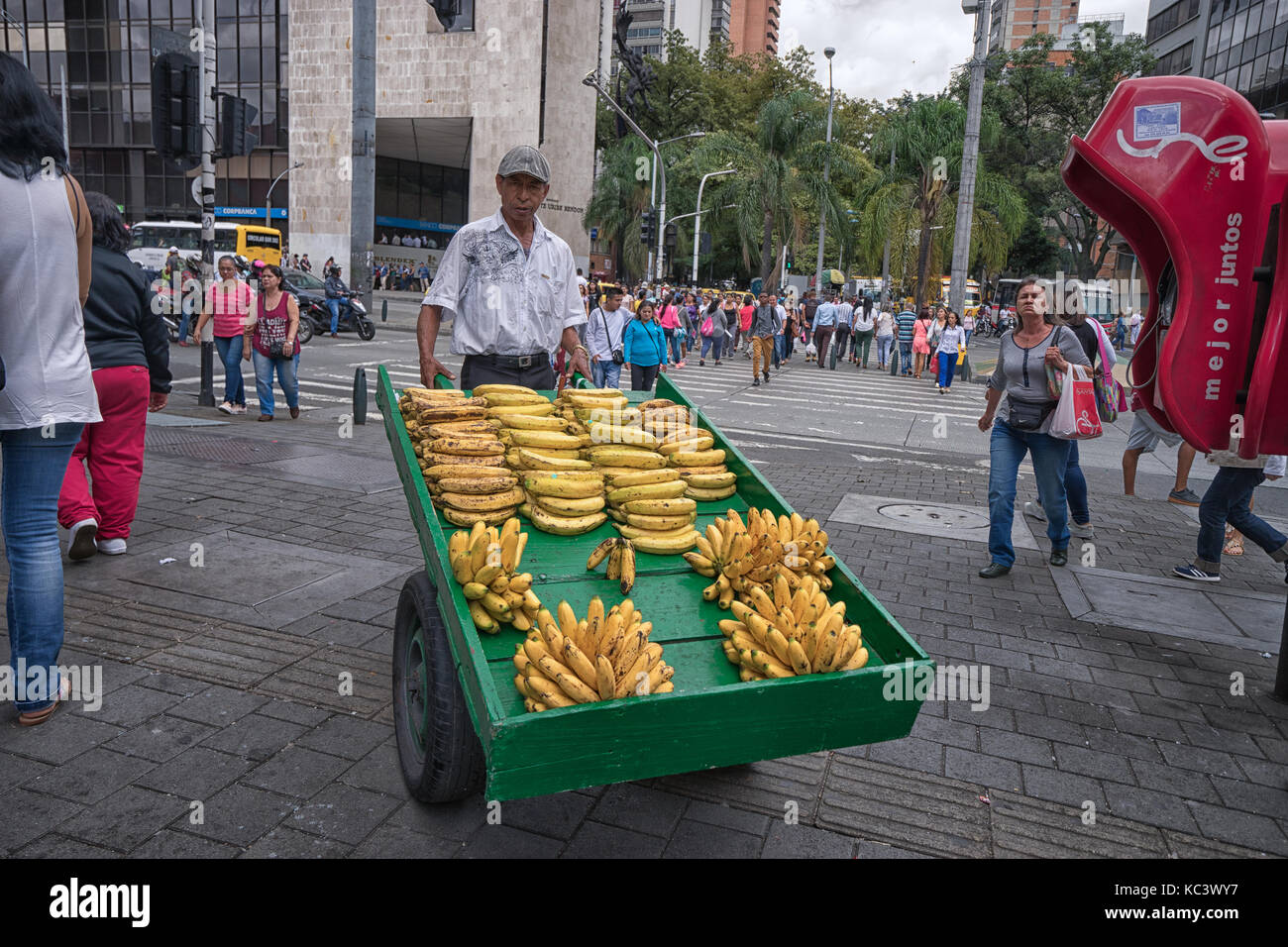 September 26, 2017 Medellin, Kolumbien: Ein mobiles Anbieter verkaufen Bananen aus einem fahrbaren Holz- Warenkorb im Zentrum der Stadt Stockfoto