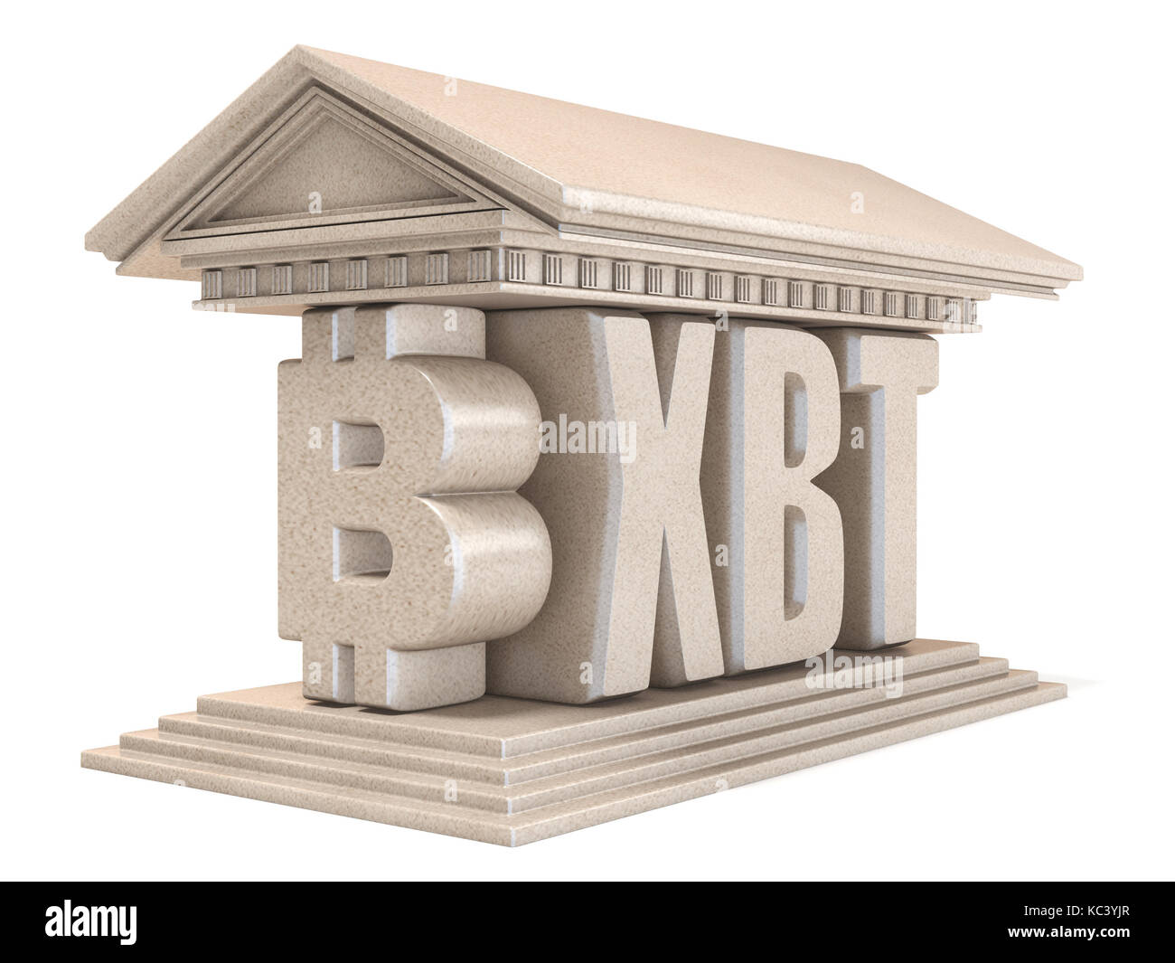 Bitcoin XBT Währung Zeichen Tempel 3D-Render Abbildung auf weißem Hintergrund Stockfoto