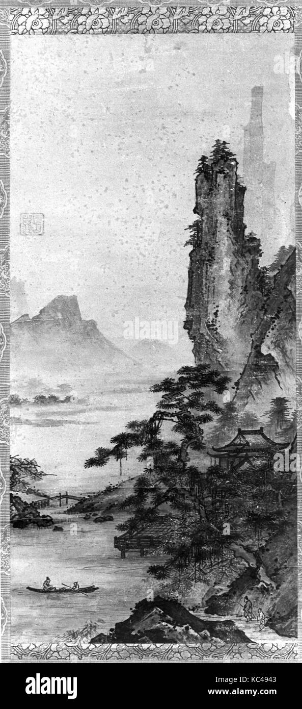 Berglandschaft, Muromachi Periode (1392 - 1573), Japan, Hängerolle, Tusche auf Papier, 27 1/2 x 12 1/2 in. (69,9 x 31,8 cm Stockfoto