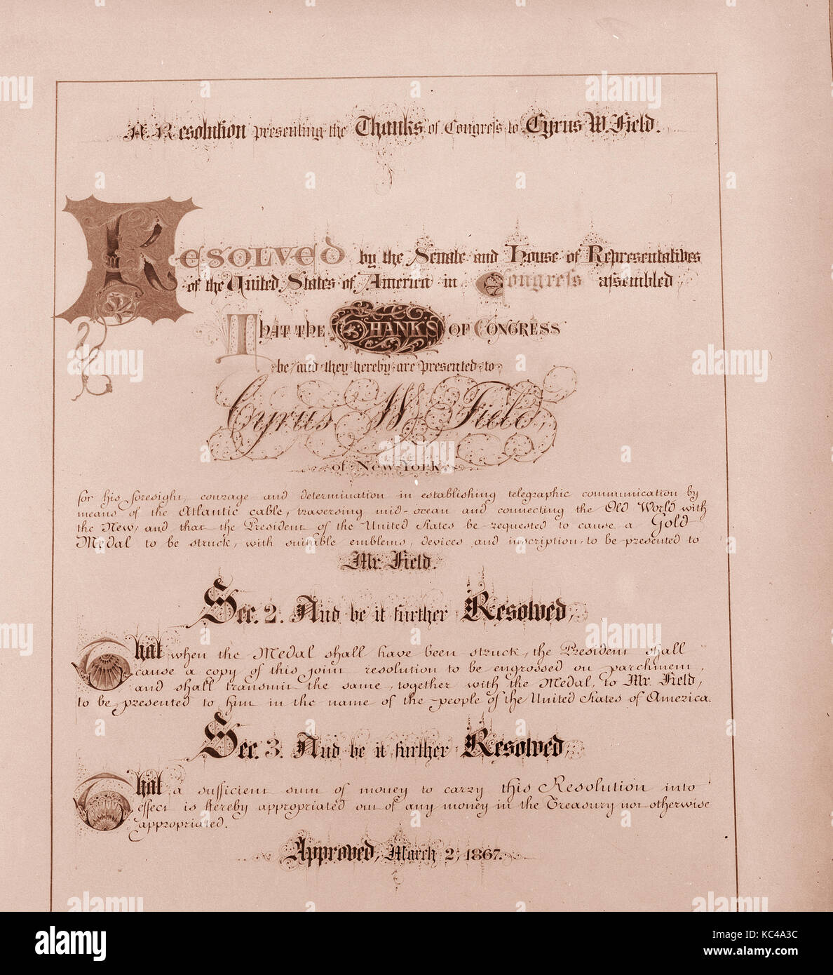 Manuskript Kopieren einer Resolution des Kongresses, 1867, in Washington DC, USA, US-amerikanischen, Pergamentpapier, 16 x 12 7/8 GEMACHT Stockfoto