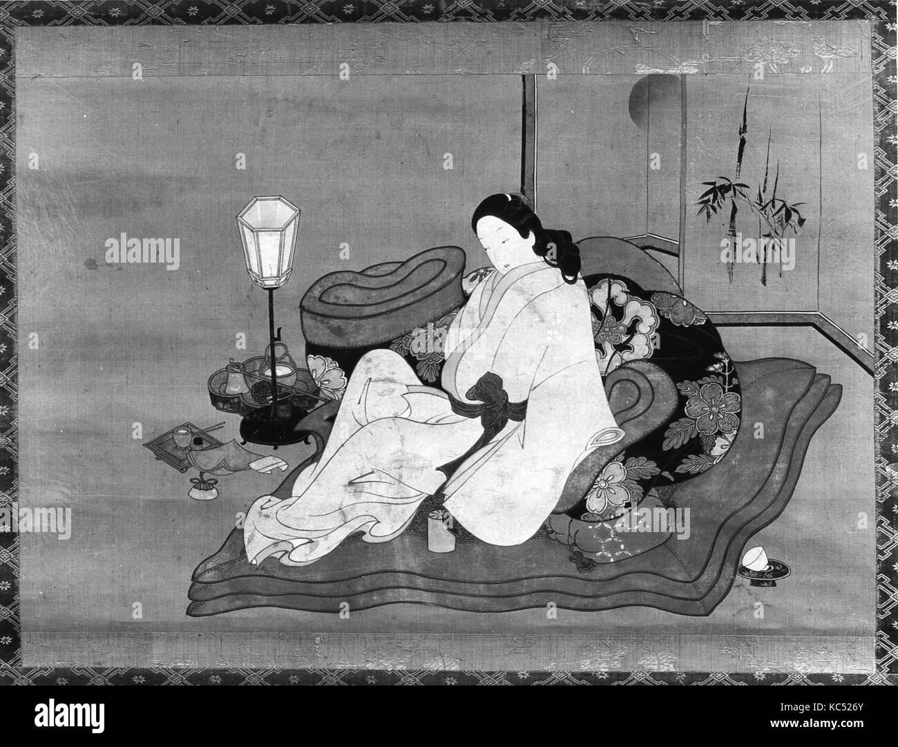 Eine Dame im Bett, Edo Periode (1615 - 1868), aus dem 18. Jahrhundert, Japan, Hängerolle, Tusche und Farbe auf Seide, 14 1/2 x 19 1/2 in. (36,8 x 4 Stockfoto