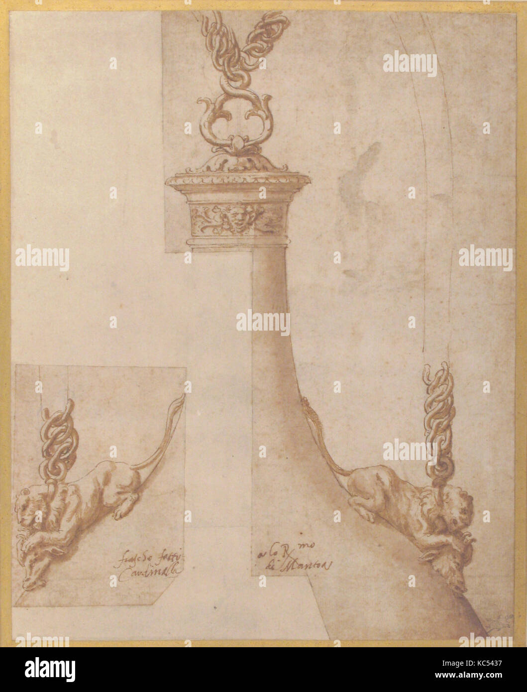 Design für eine Flasche mit Kette Griffe, Giulio Romano, 1540-46 Stockfoto