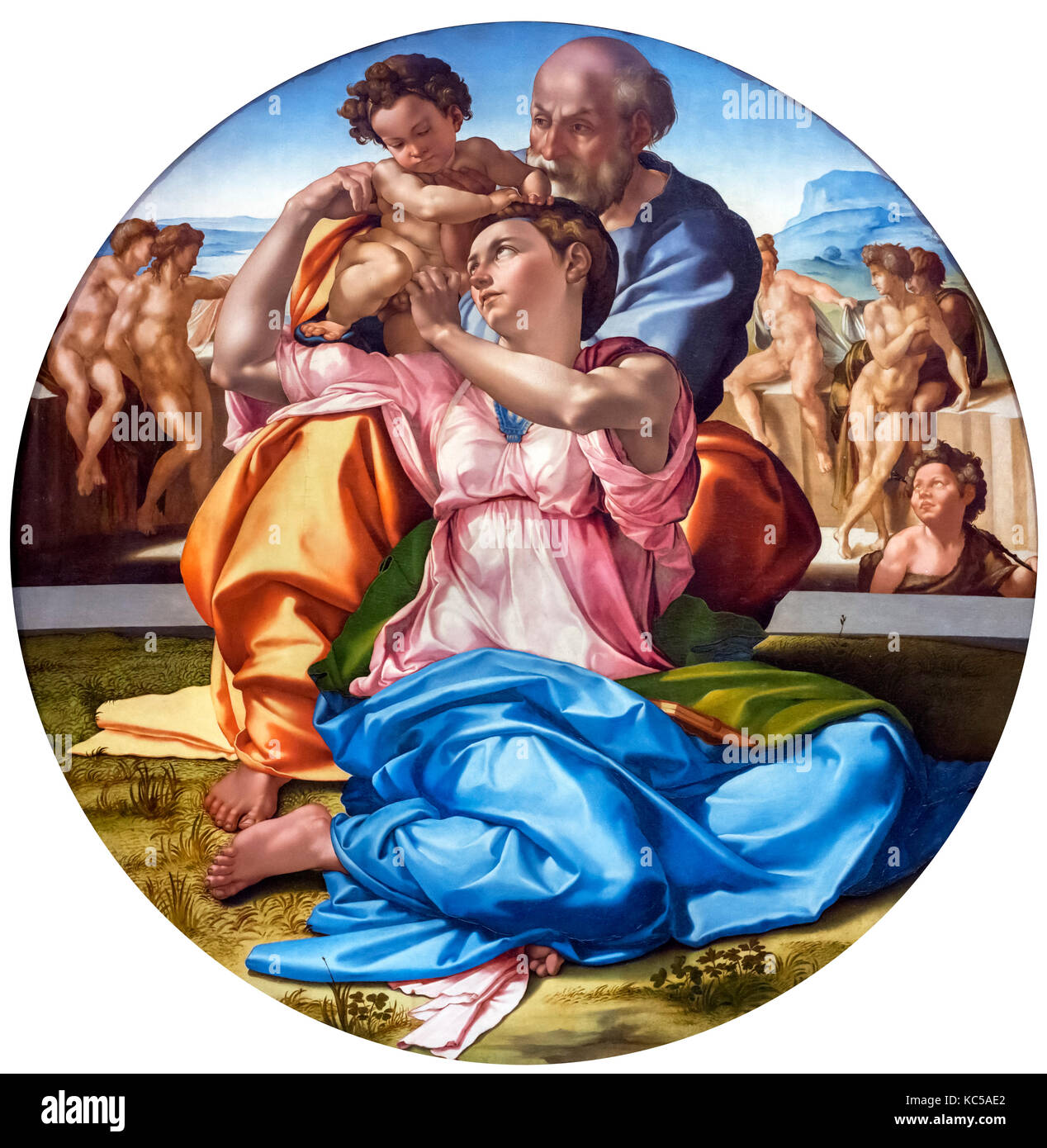 Doni Tondo. Die Heilige Familie mit dem Säugling Johannes der Täufer (der Doni Tondo) von Michelangelo (1475-1564), Tempera grassa auf Holz, c. 1507 Stockfoto