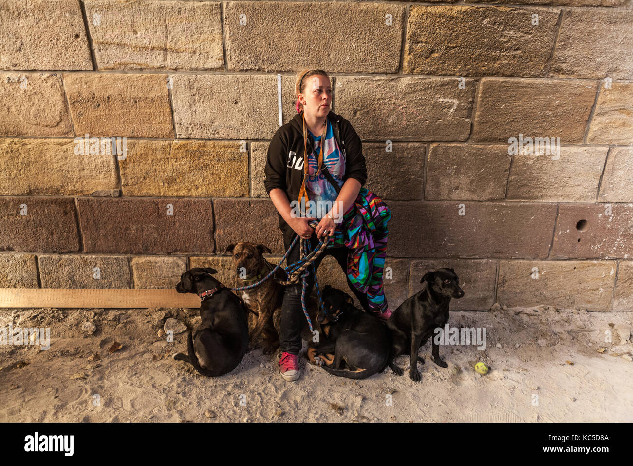 Frau zu Fuß mit ihren vier Hunde, stehend unter einer Brücke, Prag, Tschechische Republik Stockfoto