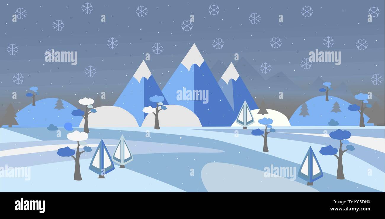 Winter verschneite Landschaft mit Hügeln, Bäumen und Bergen. Suburban Gebäude im Winter Landschaft. Flache Vector Illustration. Moderne Ländliche Gegend Stock Vektor