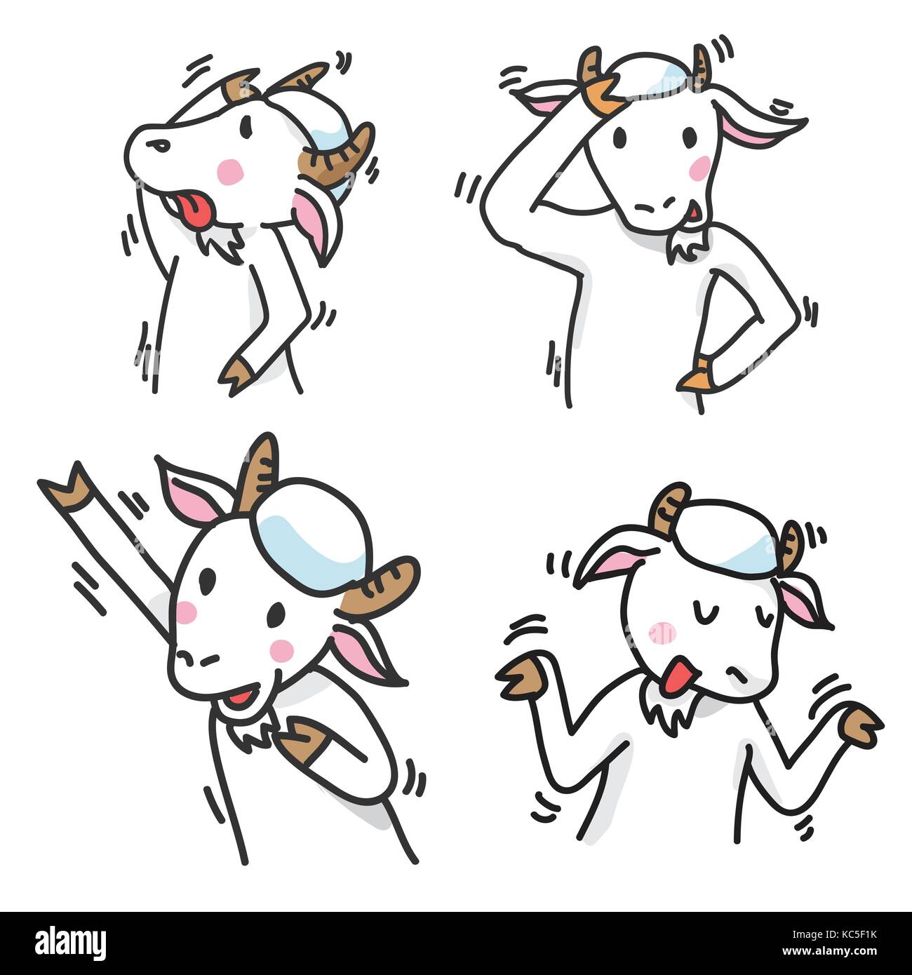 Satz von Ziege Zeichentrickfigur, Hände hoch, verwirrt, glücklich-Vector Illustration Stock Vektor