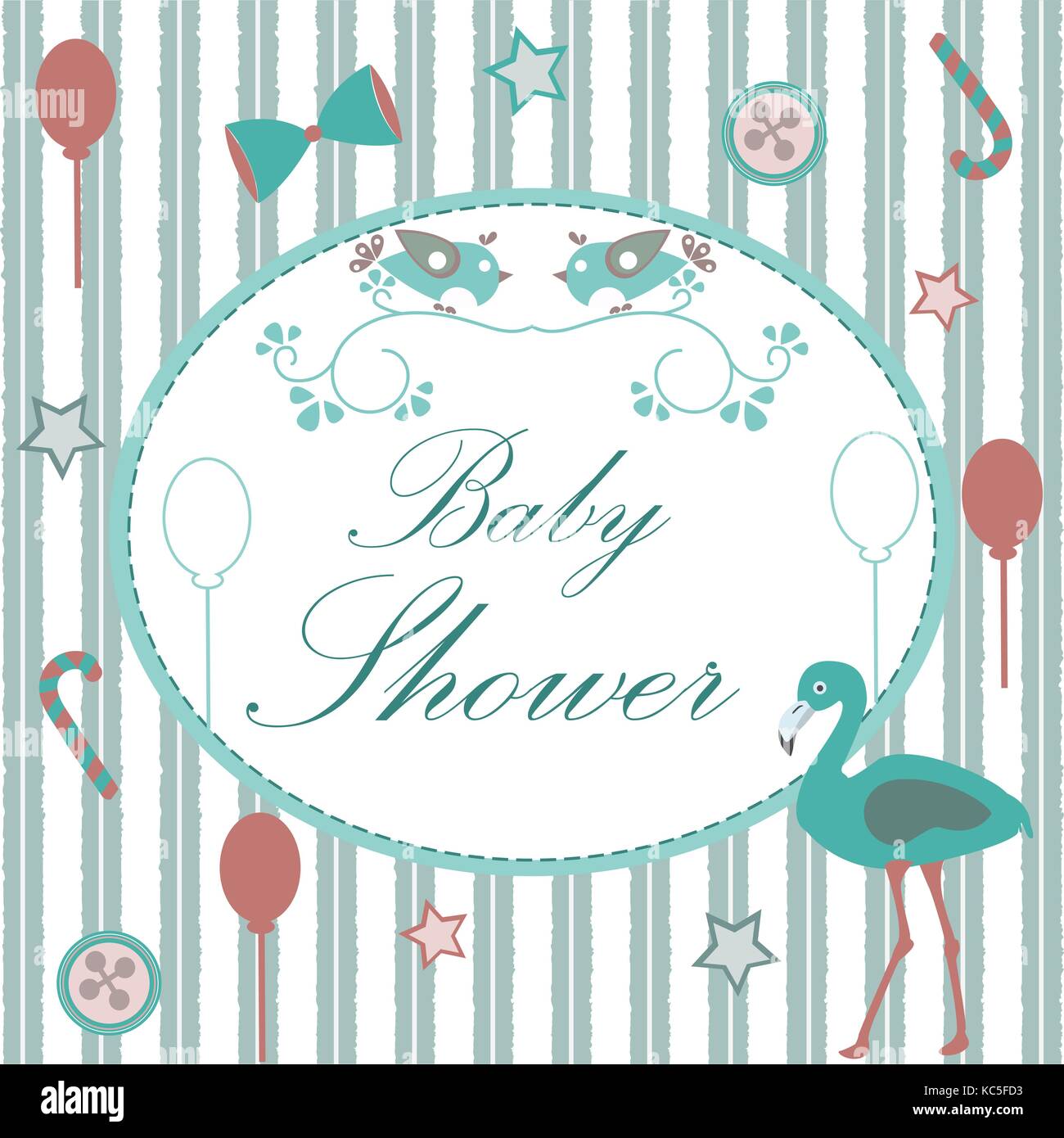 Baby-dusche Einladungskarte Design mit Flamingo, festliche Luftballons, Bonbons, Bug, Knöpfe usw. Baby-dusche-Sammlung. Vector Illustration Stock Vektor