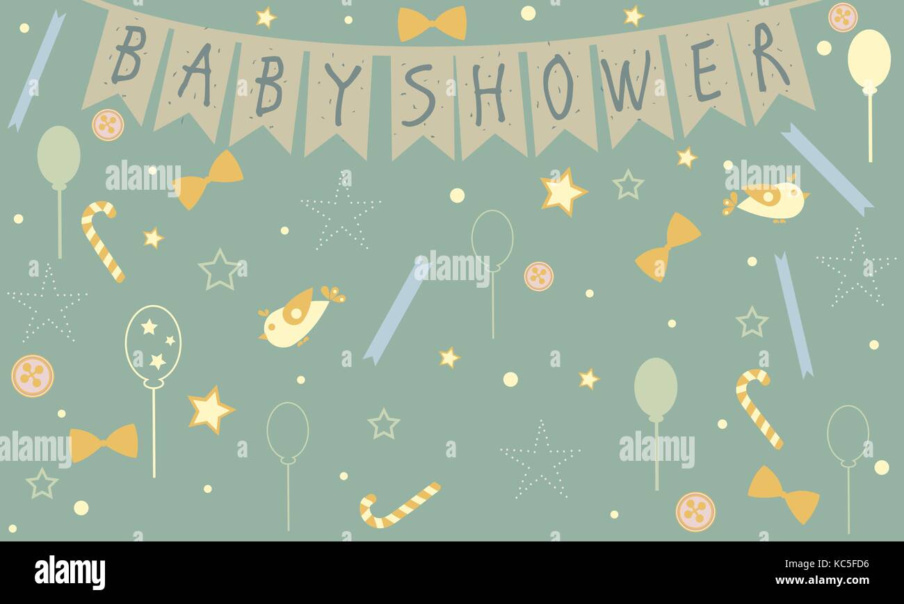 Baby-dusche-Feier Card Design mit Vögeln, festliche Luftballons, Bonbons, Bögen, Knöpfe usw. Baby-dusche-Sammlung. Vector Illustration Stock Vektor