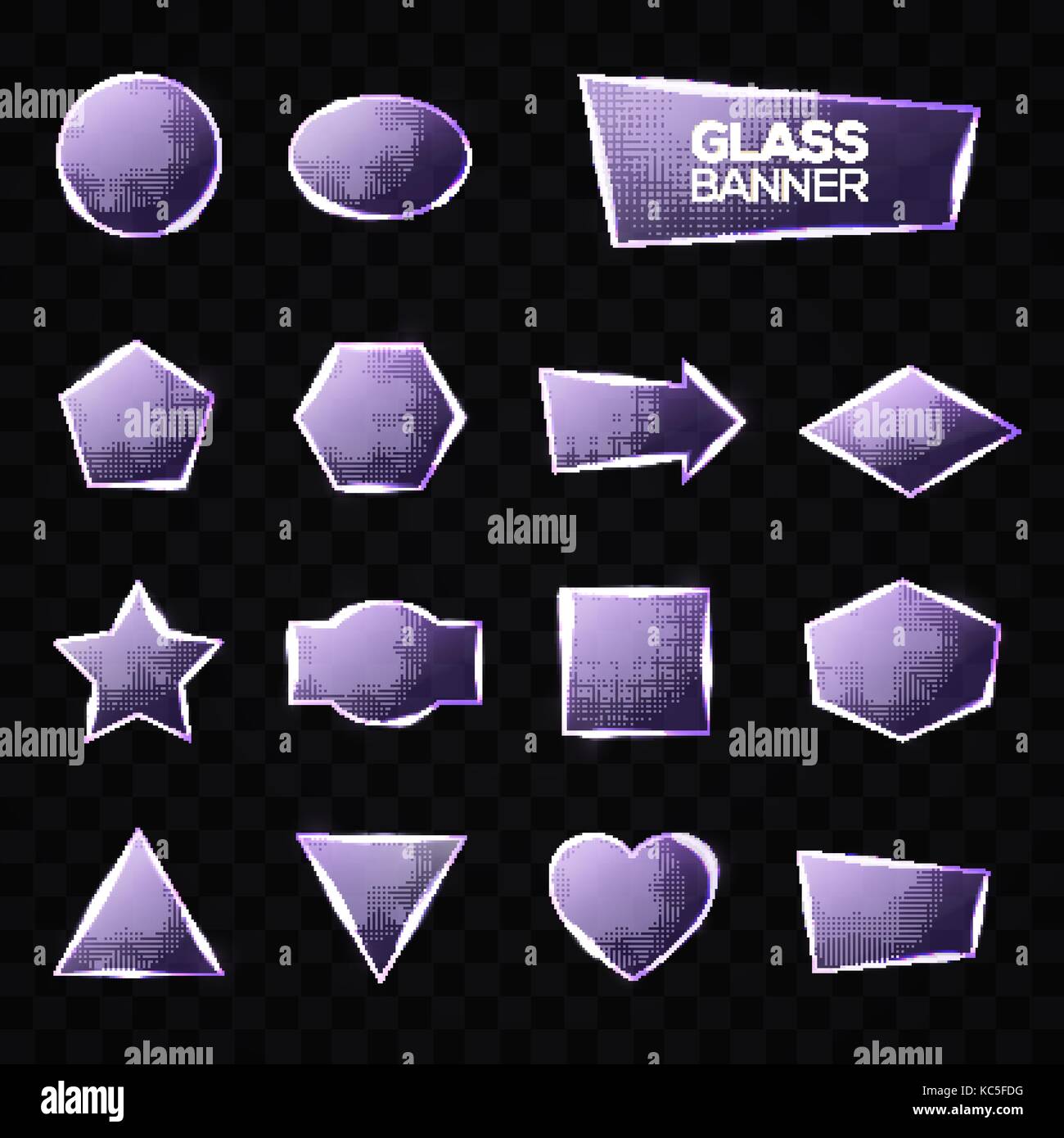 Glasplatten gesetzt. Dreieck, Quadrat, Rechteck, Sechskant, Pentagon, Stern, Herz, Kreis strukturierten Rahmen mit Leuchten und Licht auf transparenten Hintergrund. Technik formen. Realistische Vector Illustration. Stock Vektor